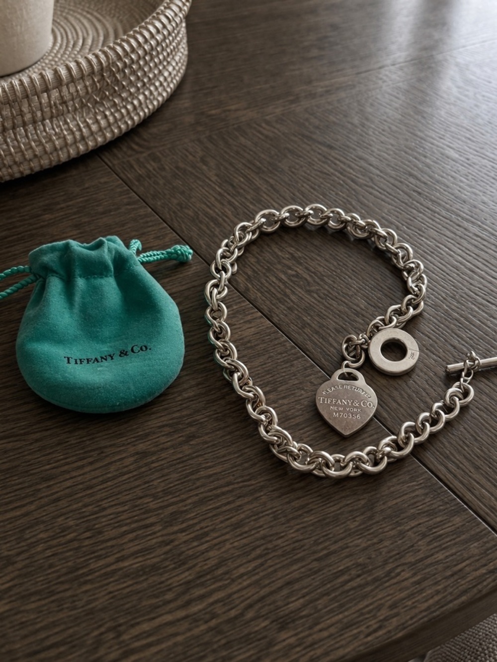Tiffany & Co. Sterling Silver Toggle Charm Necklace with Teal Pouch
